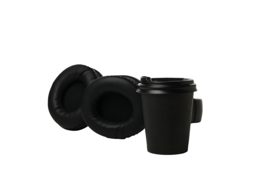 PNG,A cup of coffee with headphones, isolated on white background