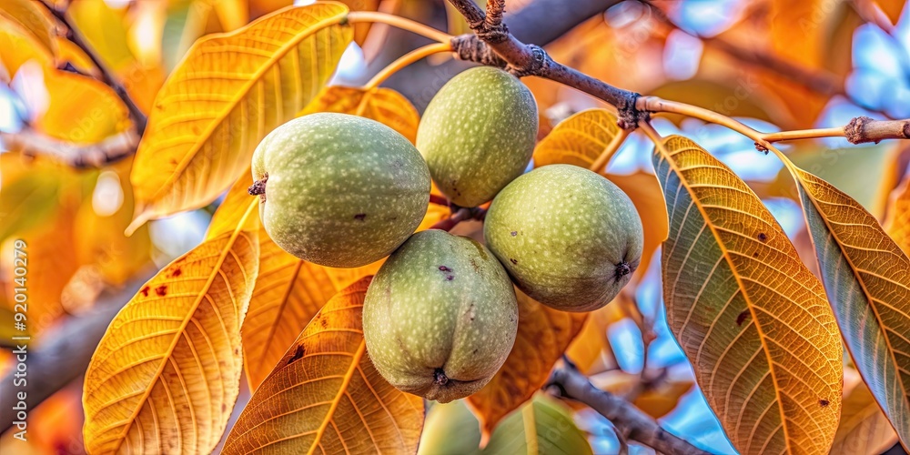 Poster Close up of green walnuts and leaves on a branch in a garden, Walnut, tree, garden, close up, branch, green, leaves, nature