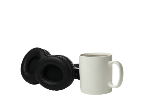 PNG,A cup of tea with headphones, isolated on white background