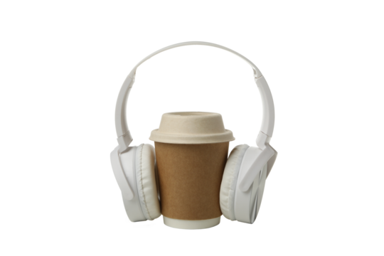PNG,A cup of coffee with headphones, isolated on white background