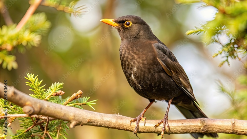 Sticker Blackbird perched gracefully on a tree branch, blackbird, bird, wildlife, nature, branch, perched, posing, feathers, outdoor, animal