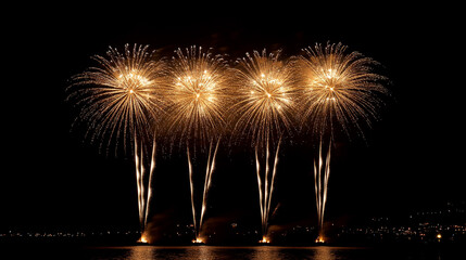 golden fireworks bursts against the night sky, creating a mesmerizing cascade of light and color. The vibrant sparks symbolize celebration, joy, and the triumph of the human spirit