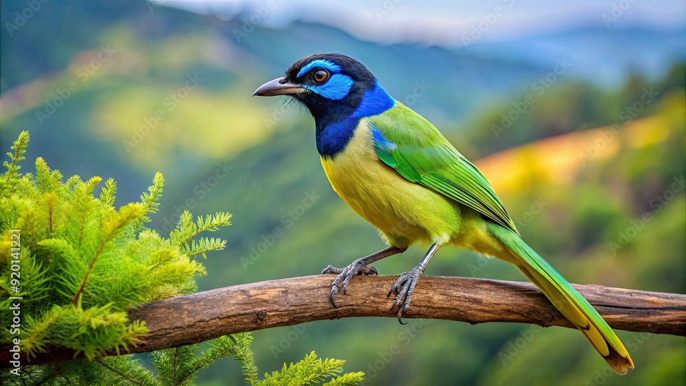 Sticker Beautiful green jay bird perched on a tree branch in the mountains, Carriqui, verdiamarillo, green jay, Cyanocorax yncas