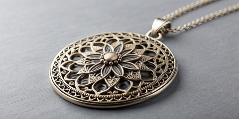 Naklejka premium Handmade pendant with intricate design on a silver chain, handmade, pendant, jewelry, accessory, necklace, intricate