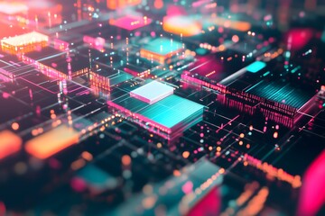 Obraz premium A detailed 3D render of a futuristic digital circuit board illuminated with neon lights, showcasing intricate geometric patterns Generative AI