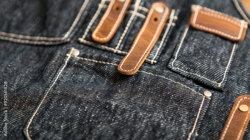 Poster a closeup of a functional apron made from sy denim fabric with contrasting white stitching outlining