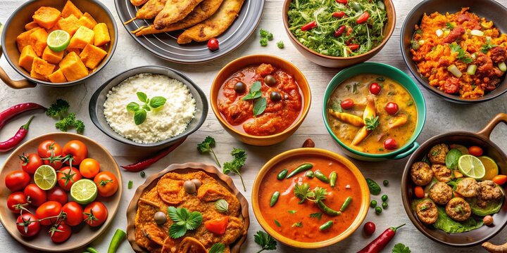 Vibrant still life of assorted mouthwatering dishes on a crisp white background, featuring bold orange accents, captured in stunning 12k high-quality realism.