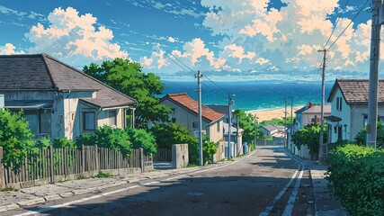 Obraz premium Serene Countryside Streets with Sea View Summer Landscape