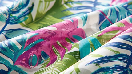 Vibrant and energetic this design captures the essence of a tropical paradise with its bold and lively wave patterns infused with splashes of bright fuchsia and lush tropical greens.