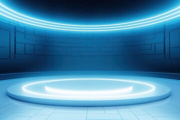 Futuristic blue stage with glowing neon lights for product display.