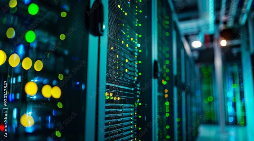 Aufkleber an upclose view that captures a data centers server racks beautifully illuminated by a variety of co