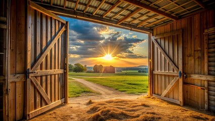 Barn interior at golden hour with door open facing fields , farm, rural, agriculture, sunset, open door, countryside, rustic