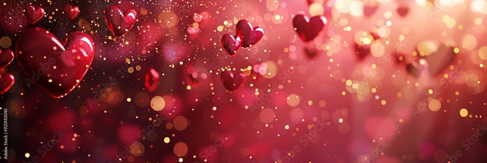 Poster a beautiful display of floating hearts surrounded by soft bokeh lights, perfect for romantic themes.