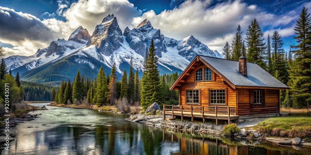 Sticker Wooden cabin nestled at riverside with view of snow peak mountain , cabin, wooden, riverside, snow, peak, mountain, nature, tranquil