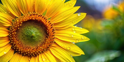 Obraz premium Closeup of a single sunflower with dew drops on it, sunflower, closeup, nature, yellow, floral, summer, bloom, petals, vibrant, beauty