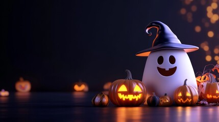 Halloween Night with Ghost and Jack-o'-Lanterns