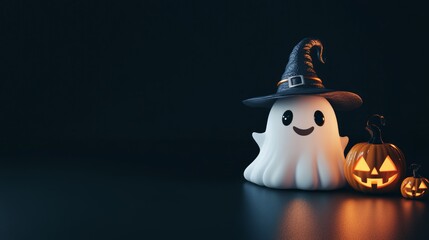 Cute Ghost in a Witch Hat with Jack-o'-Lanterns