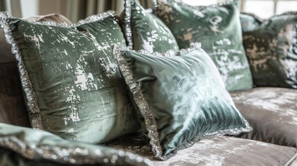 Add a touch of glam with this gl velvet cushion in a beautiful sage green hue accented with a shimmering silver silk trim.