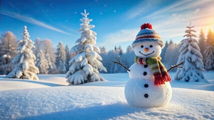 Fototapeta premium Snowman made of snow standing in a winter wonderland , winter, Christmas, frozen, cold, holiday, outdoor, frosty, cheerful