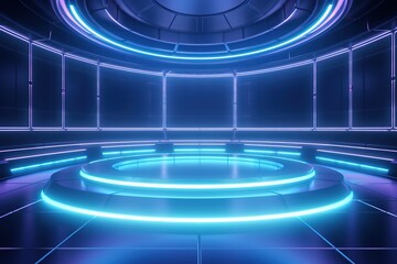 Obraz premium Futuristic blue and purple neon glowing stage.