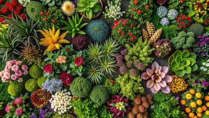 Fototapeta premium Top view of various types of flowers, grass, bushes, shrubs, and small plants on background, flowers, grass, bushes, shrub