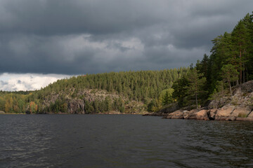 Lake Ladoga near the village Lumivaara on a sunny autumn day, Ladoga skerries, Lakhdenpokhya, Republic of Karelia, Russia