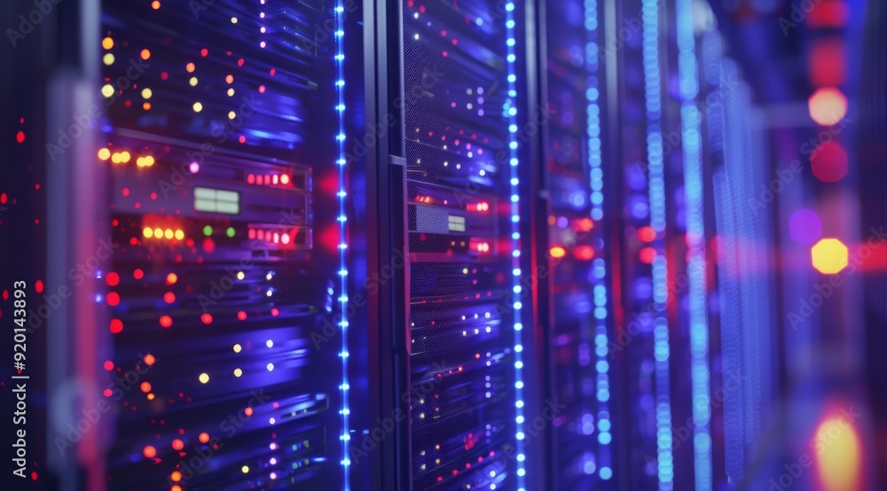 Poster a vibrant and colorful view showcases server racks in a modern data center, illuminated by bright le