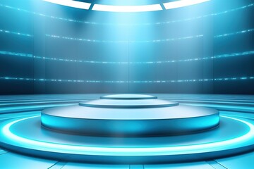 Obraz premium Futuristic blue platform with neon lights.