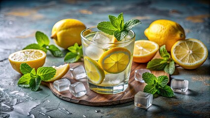 Fototapeta premium Refreshing summer drink with ice cubes surrounded by slices of lemon and mint leaves, summer, cold, beverage, refreshing, glass
