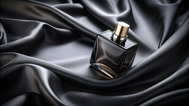 Abstract black perfume bottle on black silk cloth background, perfume, bottle, black, abstract, luxury, fragrance, elegant