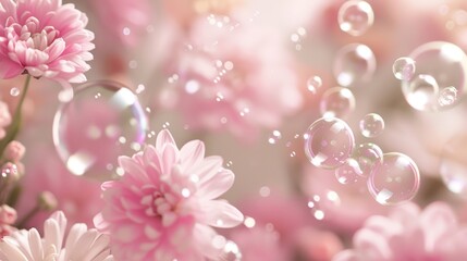 A beautiful arrangement of soft pink flowers surrounded by delicate bubbles, creating a dreamy and serene atmosphere.
