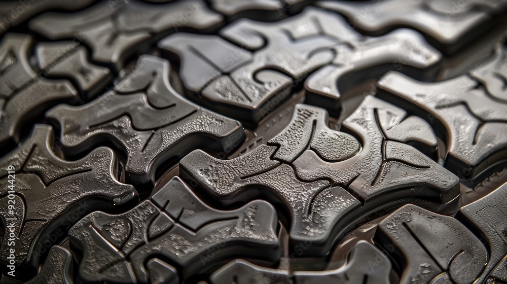 Poster the unique pattern on this tire tread resembles a series of interlocking puzzle pieces creating a sy