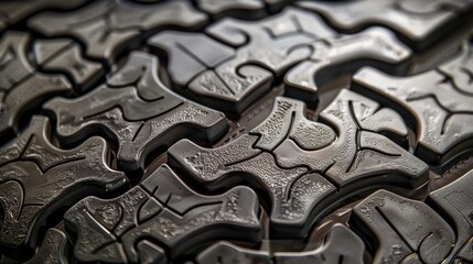 The unique pattern on this tire tread resembles a series of interlocking puzzle pieces creating a sy base for the tire to grip the road.
