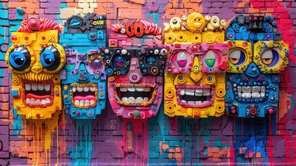 Fototapeta premium Five colorful, smiling, cartoon faces on a brick wall with dripping paint.