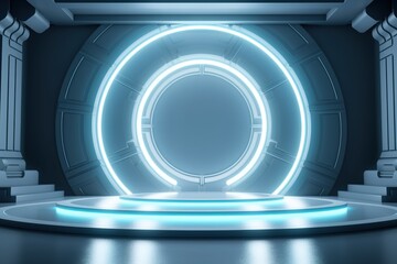 Obraz premium Futuristic stage with neon light and circular platform.