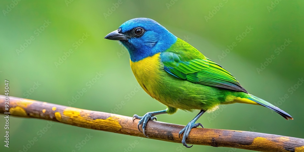 Wall mural Beautiful close-up photo of a tanager Blue-naped Chlorophonia perched on a branch, bird, cute, tropical, colorful, feathers, wildlife