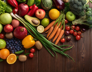 Fresh fruits and vegetables on the wooden table. Healthy food background with copy space