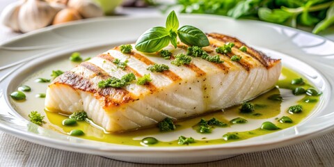 Freshly grilled halibut fillet garnished with brightly flavored basil vinaigrette sauce made with aromatic garlic, olive oil, and tangy vinegar, served on a white plate.