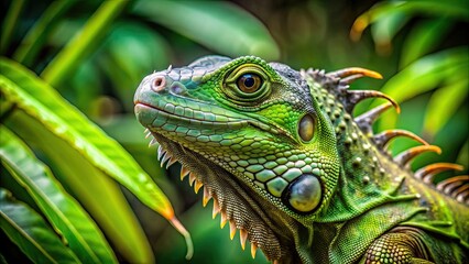 Obraz premium Closeup of a green iguana in lush tropical habitat, highlighting vibrant wildlife and scenery, green iguana, tropical, habitat