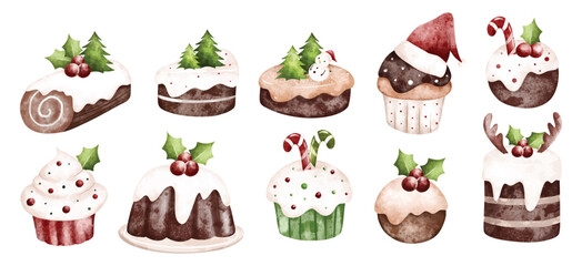Digital Watercolor Christmas Cake Vector Illustrations