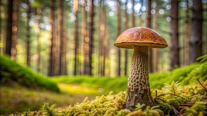 Birch bolete mushroom in a dense forest setting, birch bolete, mushroom, Leccinum scabrum, forest, nature, organic, wild
