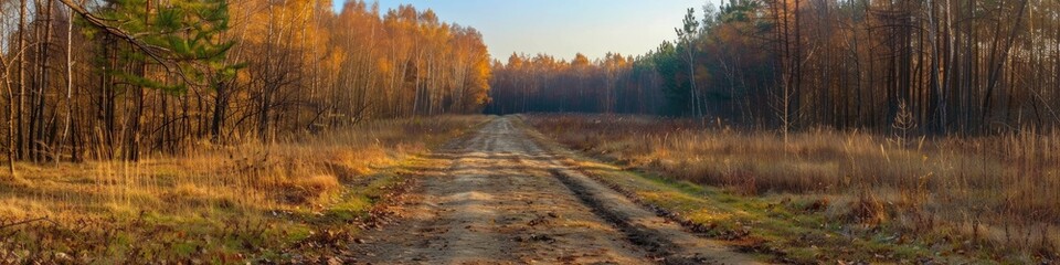 Fototapeta premium Clearing with a forest road under a clear blue sky