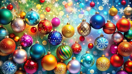 Christmas background with colorful balls, festive, holiday, decorations, ornaments, winter, shiny, bright, merry, red, green