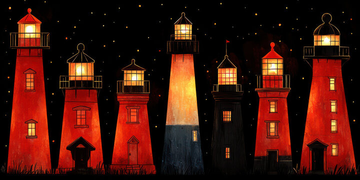 Deep Night Coastal Scene: Seven Illuminated Lighthouses in a Starry Sky - A Beautiful Blend of Light, Nature, and Tranquility