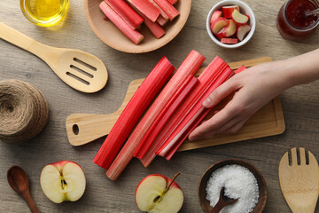 Fresh stalks of rhubarb with fresh apples