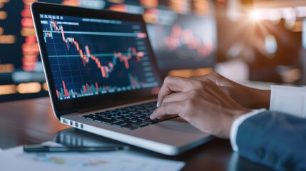 A close-up of a person analyzing stock market data on a laptop screen, illustrating financial trends and analysis.