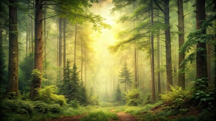 Obraz premium Vintage style of a lush forest scene with a subtle grainy texture, forest, vintage,texture, trees, nature, landscape, green