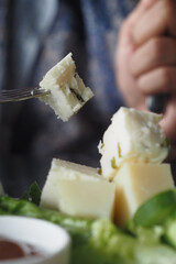 Cheese cubes in a break fast table ,