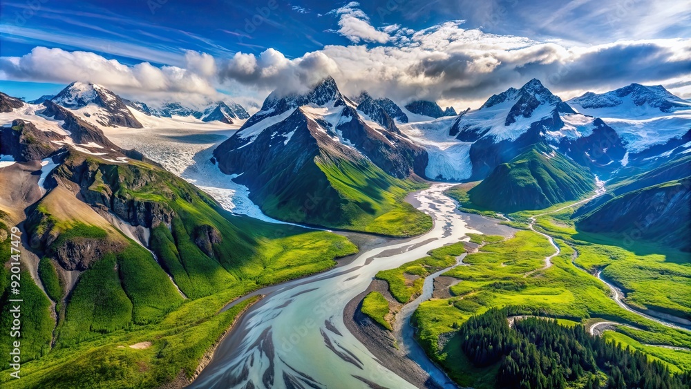 Sticker Aerial view of vast Alaskan wilderness, featuring snow-capped mountains, green forests, and glaciers, Alaska