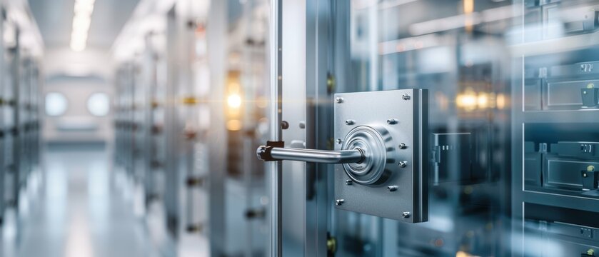 A close-up view of a secure vault door in a modern data center, showcasing high-tech storage and security features.